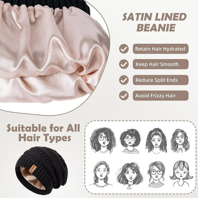 MSDC 3 Pack Satin Lined Beanie for Women, Warm Slouchy Winter Hats with Silk Lined, Fashionable Oversized Cable Knit Hat Skull Cap - Image 4